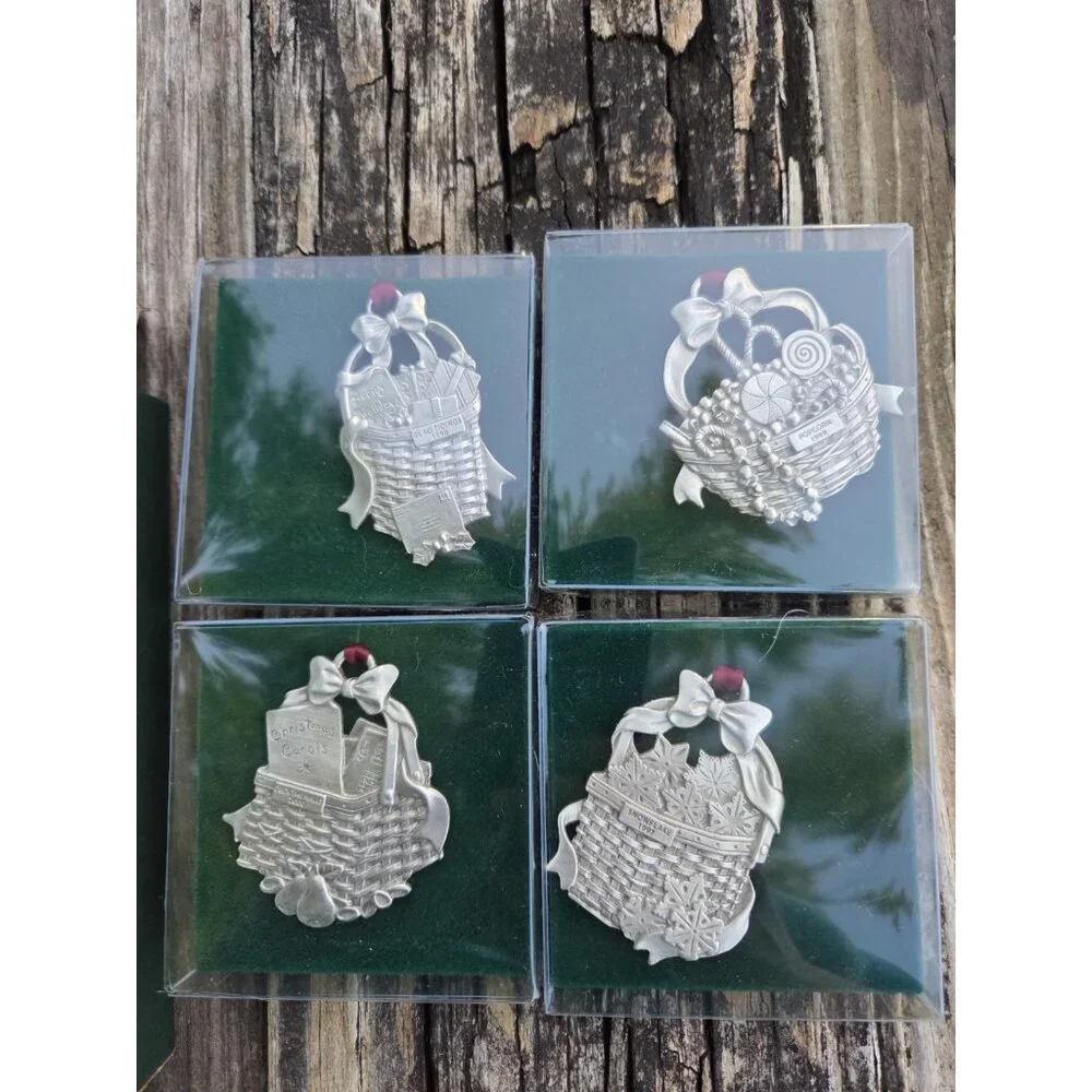 4 Longaberger Pewter Baskets 1998, 1999, 2000, 2002 Christmas Ornaments 77455‎